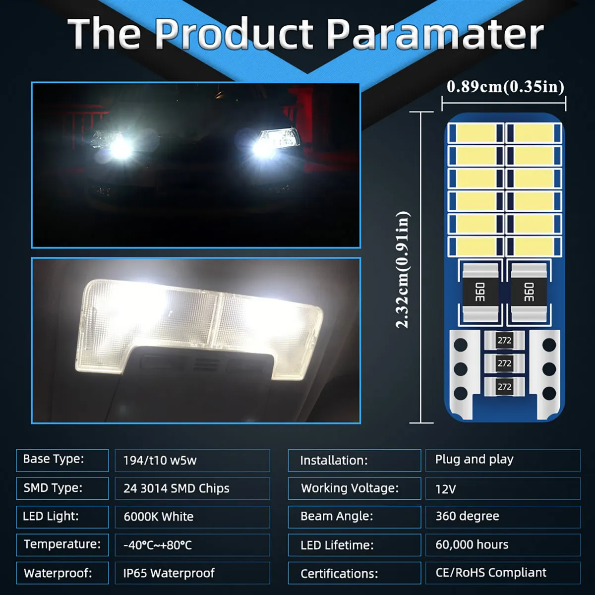 20PCS T10 W5W LED Canbus 3014 24SMD   194 168 T10 LED ڵ ׸ Ǳ   12v   6000k