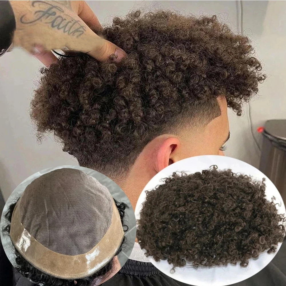 

NPU Around Mono Lace 15mm Afro Curly Toupee Unit Black Men's Kinky Curly 100% Human Hair African American Toupee for Male Cheap