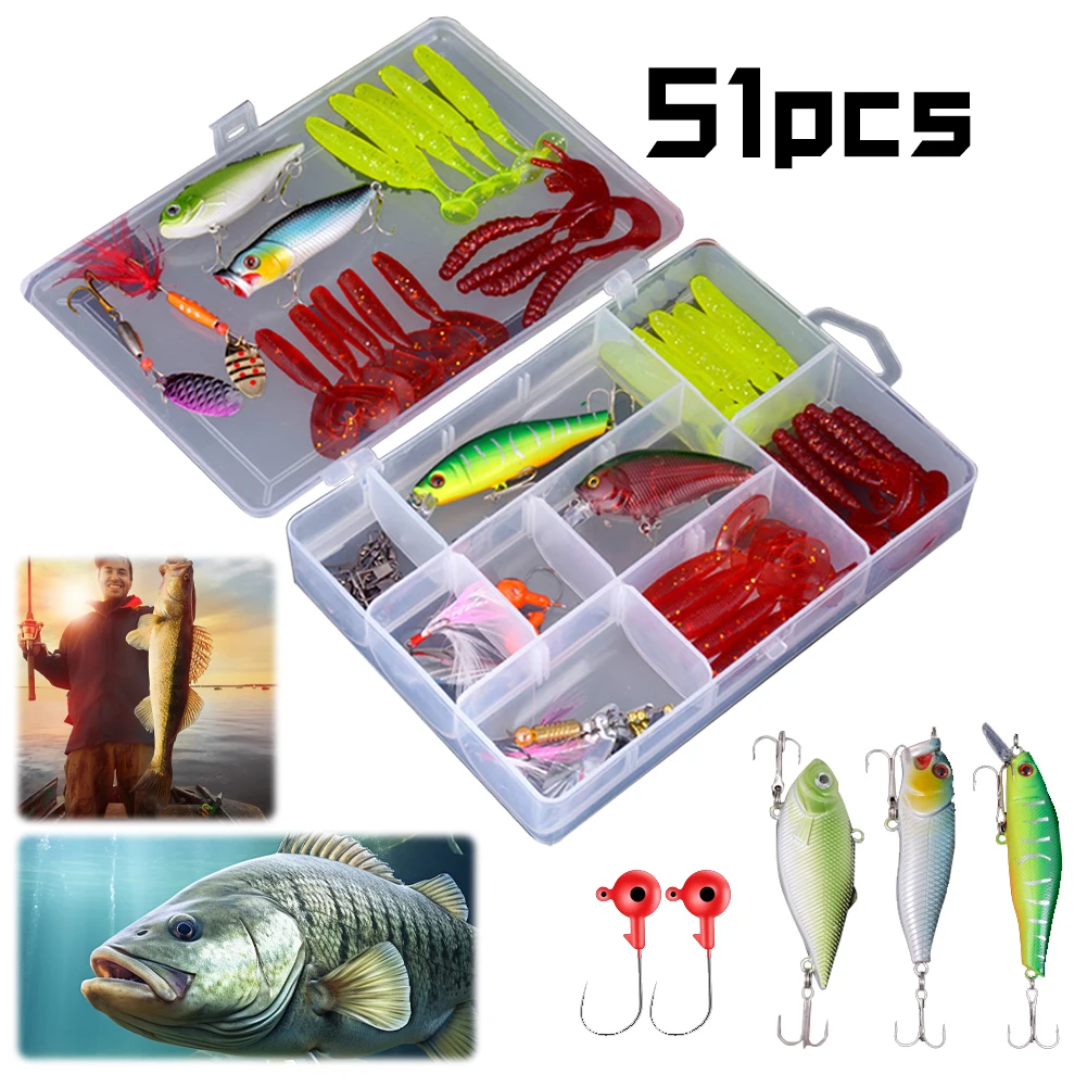 51Pcs Lure Tackle Kit Multifunction Baits Tackle Suit Carbon Steel Biomimetic Fish Bait for Outdoor Fishing Accessories Tool