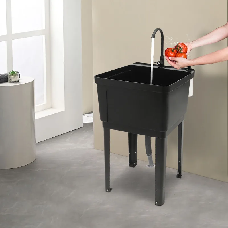 Freestanding Laundry Tub Utility Wash Sink w/ Faucet & Soap Dispenser for Bathroom Black 2