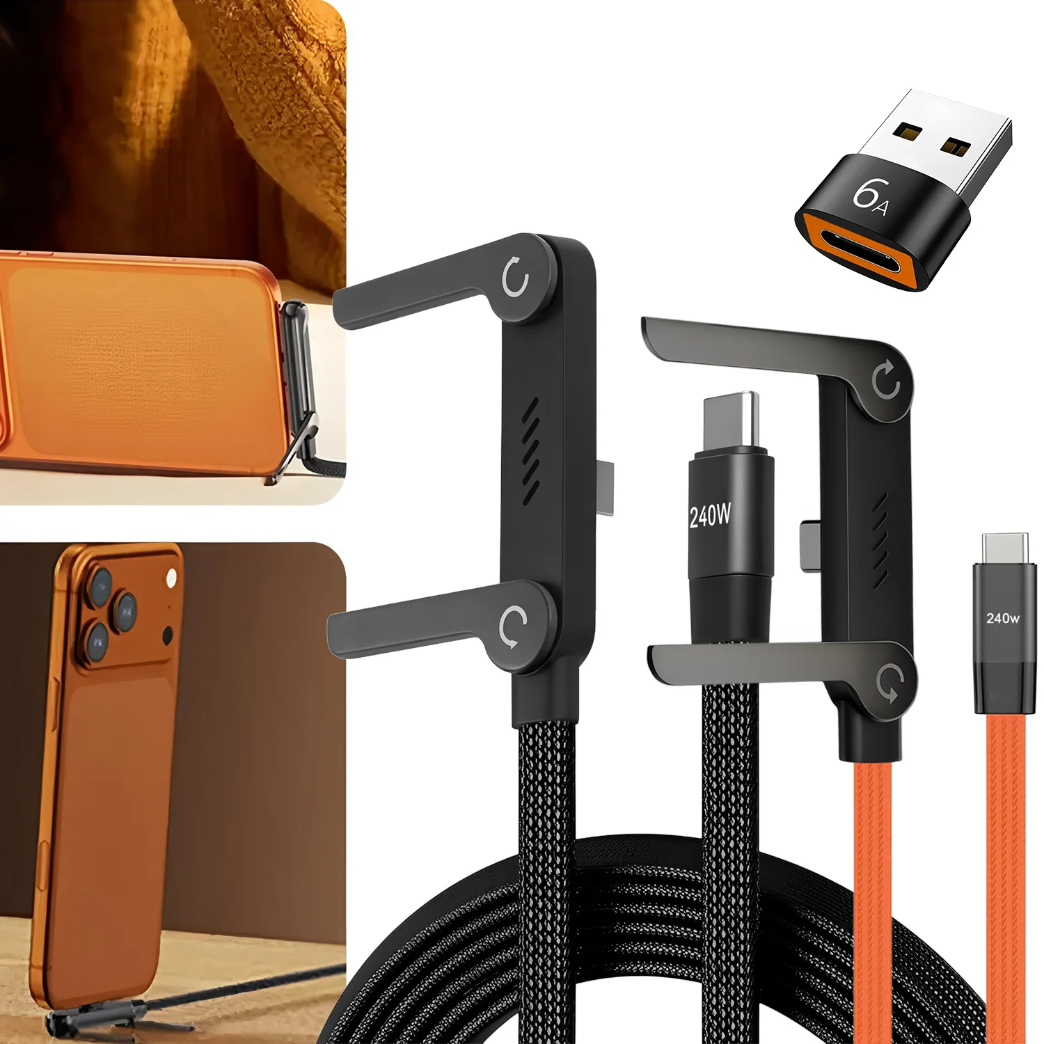 240W 2-in-1 고속 충전 접이식 브래킷 데이터 케이블 C타입 to C타입 USB to C타입 데이터 와이어 OTG 폰 스탠드 포함