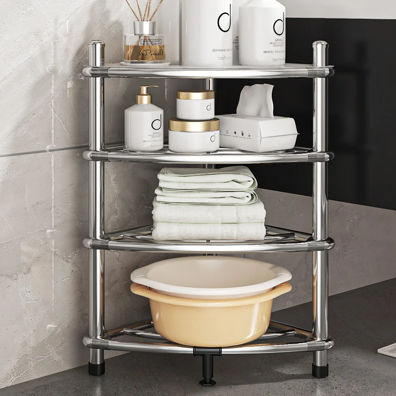 

Stainless Steel Washstand Perforation-free Bathroom Floor Shelf Kitchen Balcony Corner Multi-layer Storage Shelf
