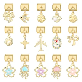 Golden Charm Strawberry Cherry Butterfly Rose Mushroom Italian Charm Links Fit 9mm Bracelet Stainless Steel DIY Jewelry Making 1