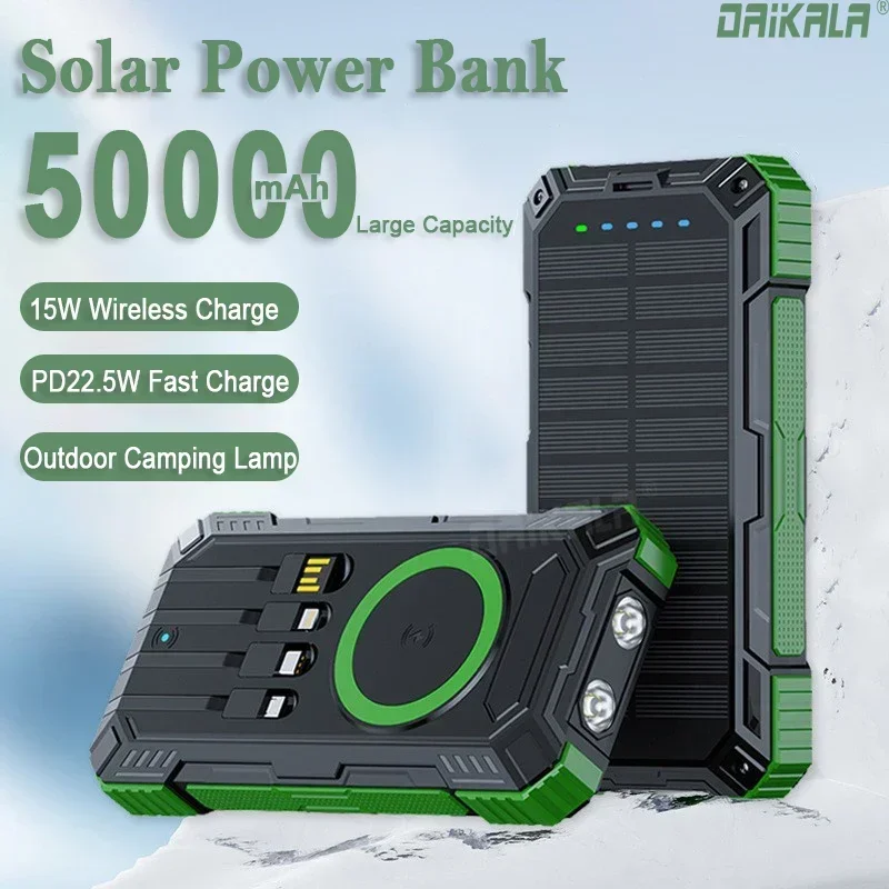 

Solar Power Bank 20000/50000mAh Portable Wireless Quick Charger External Battery Pack 5V3A Built-in Cable withOutdoor Flashlight