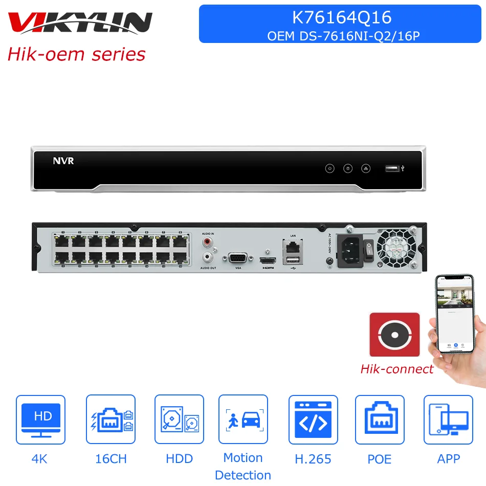 

Hikvision 4K 16CH POE NVR OEM DS-7616NI-Q2/16P H.265 2 SATA interfaces Network Video Recorder for IP Camera Hik-connect