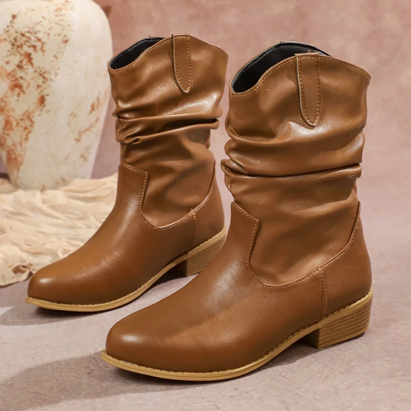 Pleated Cowboy Boots Women Western Style Mid Calf Boots Woman Autumn Winter Plus Size Fashion Chunky Hees Botas Size 36-43