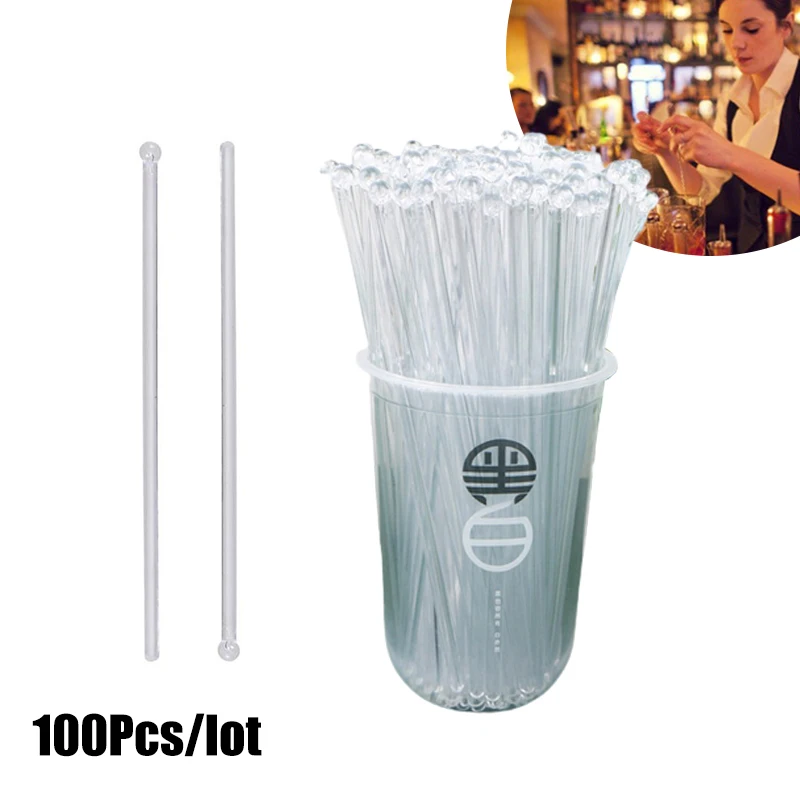 100Pcs/set Transparent Round Head Plastic Stirring Mixing Sticks Cocktail Drink Bar Muddler Ladle Stirrer Swizzle Stick Barware