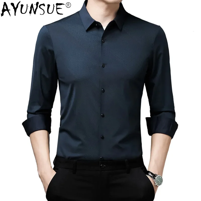 

AYUNSUE 46% Silk Shirt Men Clothing Male Social Shirt Black Shirts Non-iron Luxury Long Sleeve Shirts Business Casual Shirts