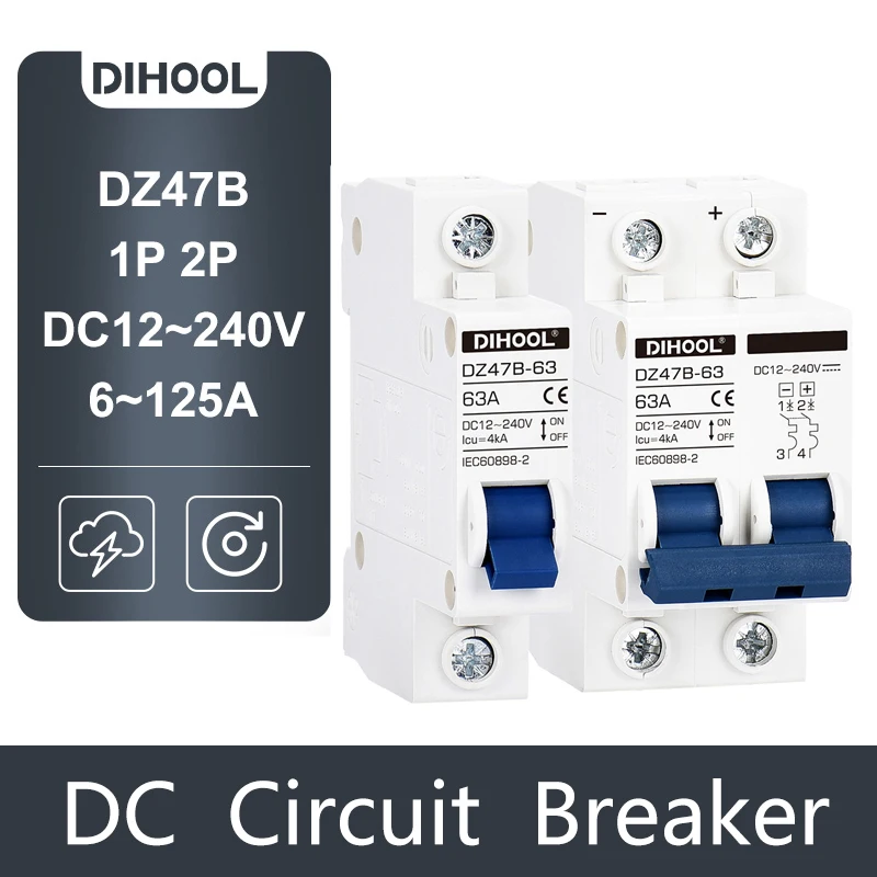 MCB 배터리 미니 회로 차단기, PV DC 포지티브 및 네거티브 보호 에어 스위치, DC 12V, 24V, 48V, 72V, 16A, 25A, 32A, 63A, 100A, 125A
