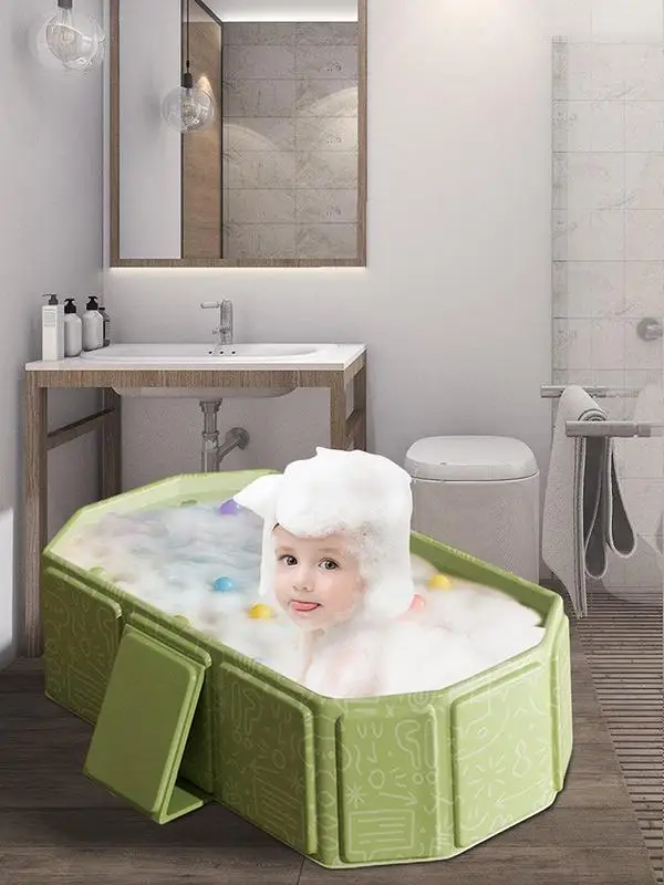 Foldable Bathtub for Kids Toddler Bath Tub with Drain Plug Foldable Baby Shower Tub with 5 Balls and 2 Ducks Green White