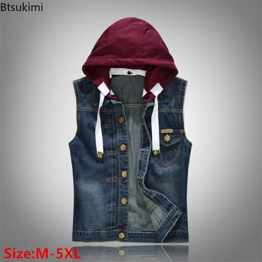 New 2024 Men's Plus Size Denim Vests Slim Sport Hooded Cotton Vest Coat Trend Motorcycle Vest Tops Man Sleeveless Denim Jackets