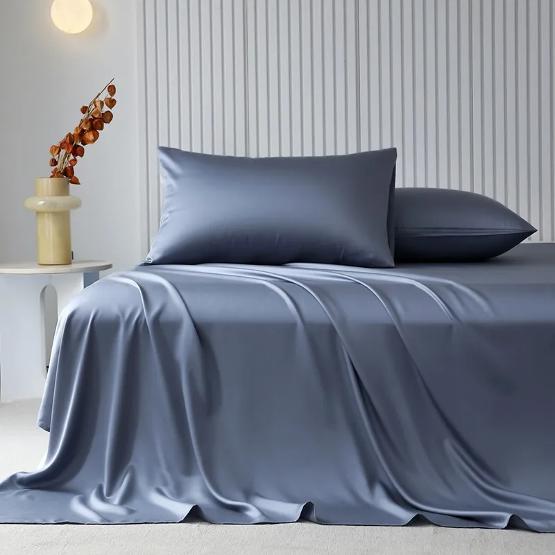 100%Organic Eucalyptus Plain Blue Flat Bed Sheets Lyocell Silky Soft Smooth Breathable Gentle to Skin Pillow shams 5
