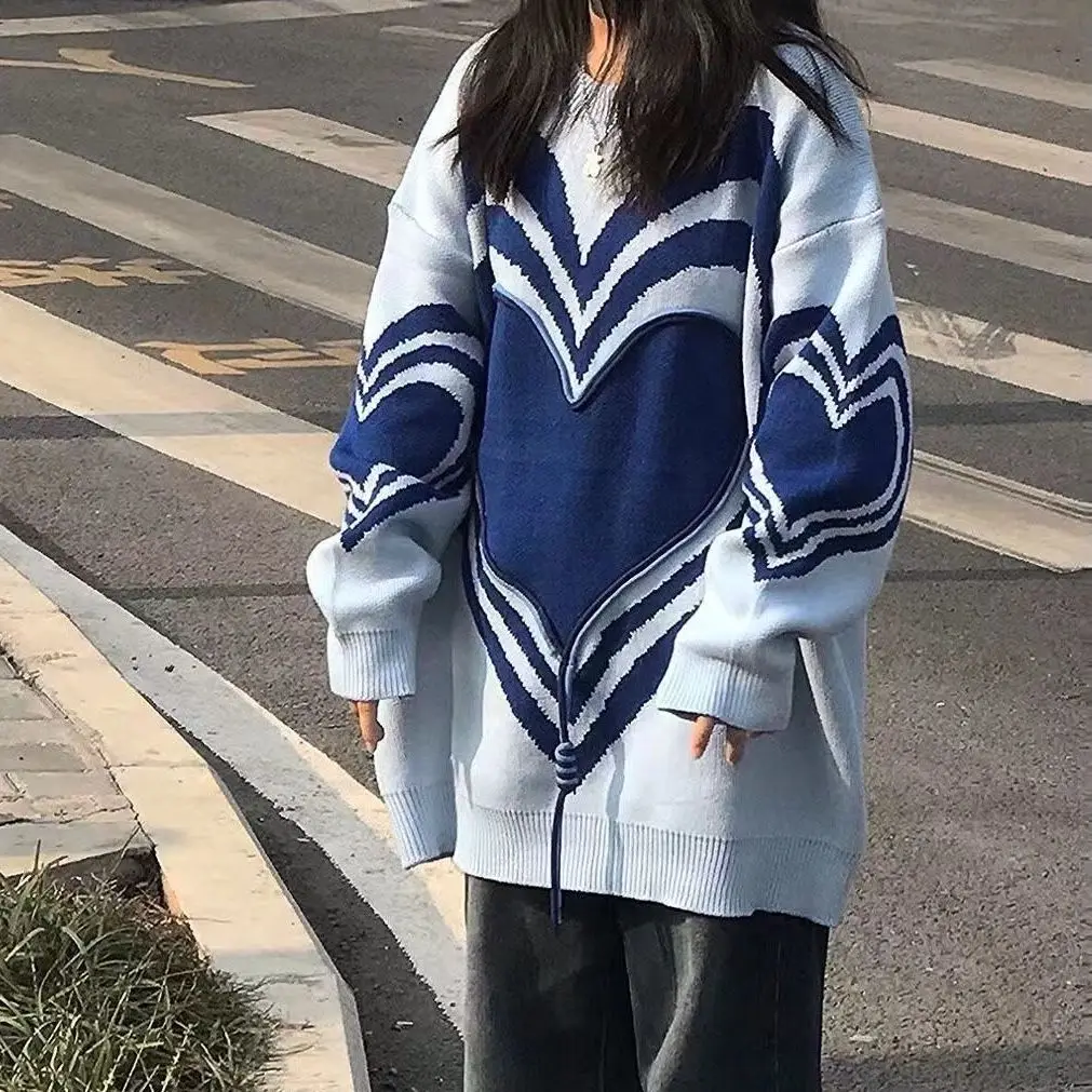 

Knit jacquard sweater college female students love the wind han edition loose long-sleeved round collar long coat y2k sweater