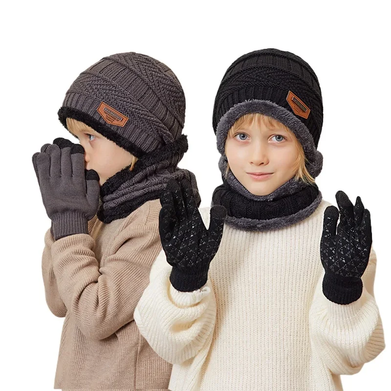 Child Winter Hats Fluff Lined Windproof Warm Gloves Outdoor Neck Protection Scarves Winter Set Thick Kids Knitted Bonnets