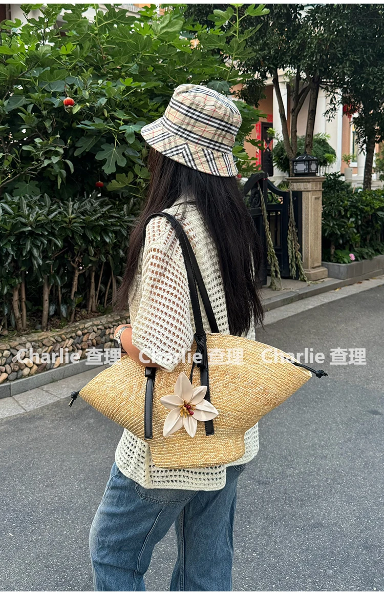 Straw Woven Handbags For Women Handmade Travel Seaside Beach Bag Summer New Handle Bucket Bag Shopping Tote Bag Basket Bolsa