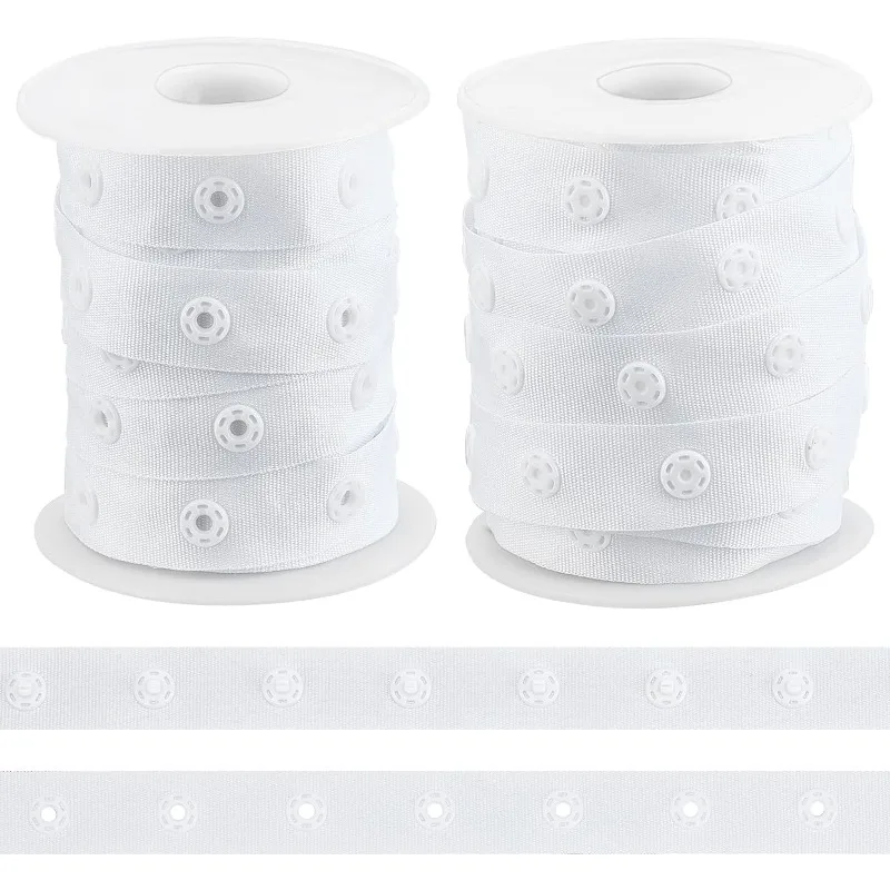10 Yards White Snap Button Trim Tape - Durable Polyester Fastener with Press Stud Closures