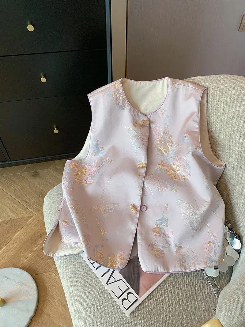 Chinese Style Vintage Women Vest Jacket Flower Embroidery Shoulders Outerwears Jacquard Buckle Top Coats For Women's Clothing