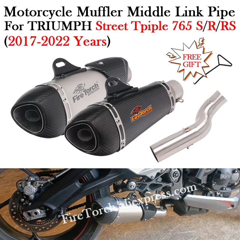 

For TRIUMPH STREET TRIPLE 765 S R RS 2017 - 2022 Carbon Fiber Exhaust Escape Moto Modify 51MM Muffler DB Killer Middle Link Pipe