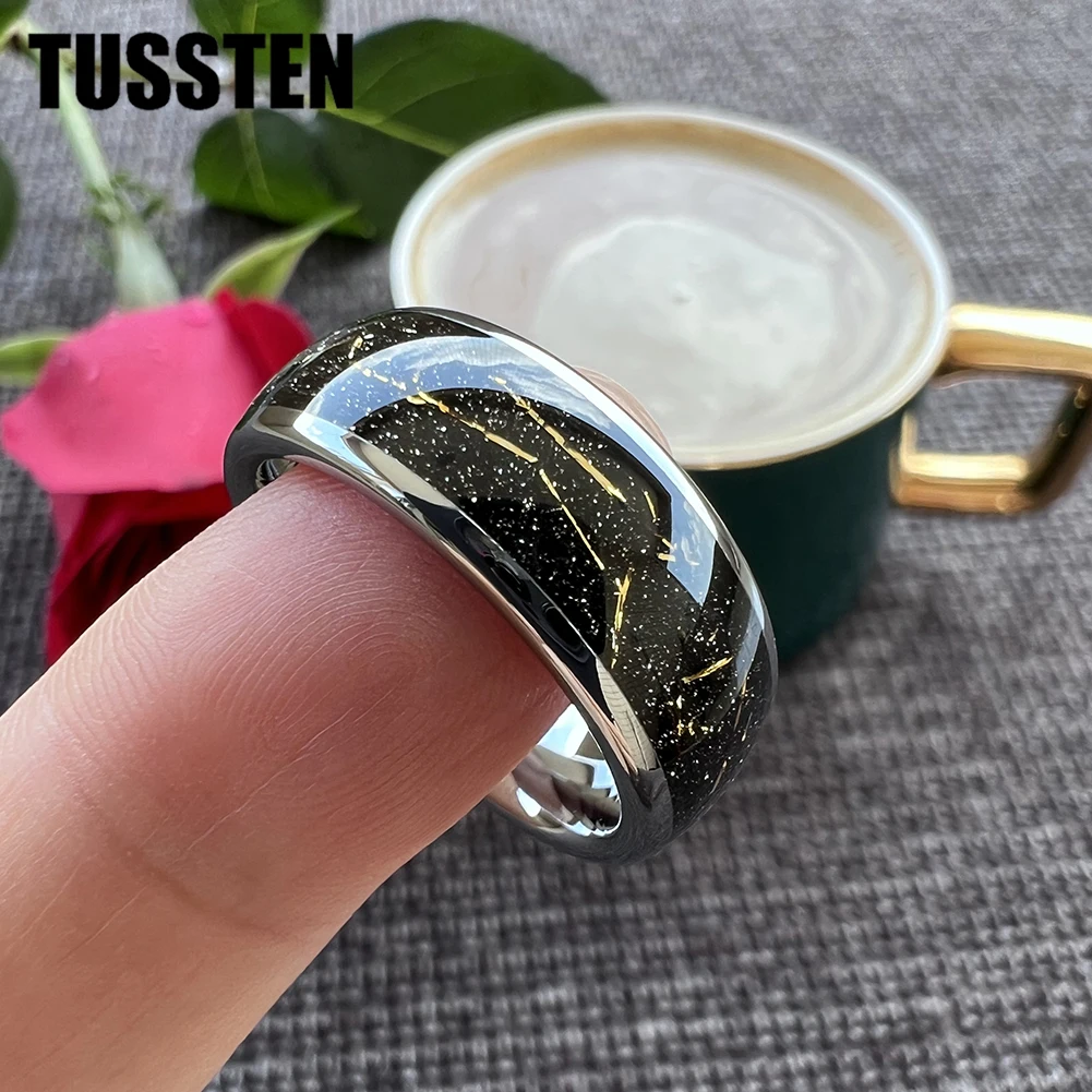 TUSSTEN 8mm Tungsten Carbide Steel Ring Black Inlaid Gold Color Foil Wedding Ring for Men and Women Jewelry Wholesale