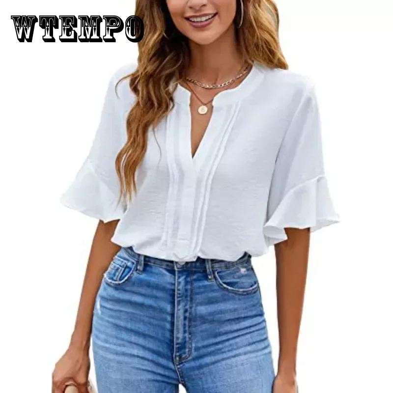 

WTEMPO Womens White Blouses Chiffon Ruffle Short Sleeve V Neck Business Casual Tops Summer Cute Shirt