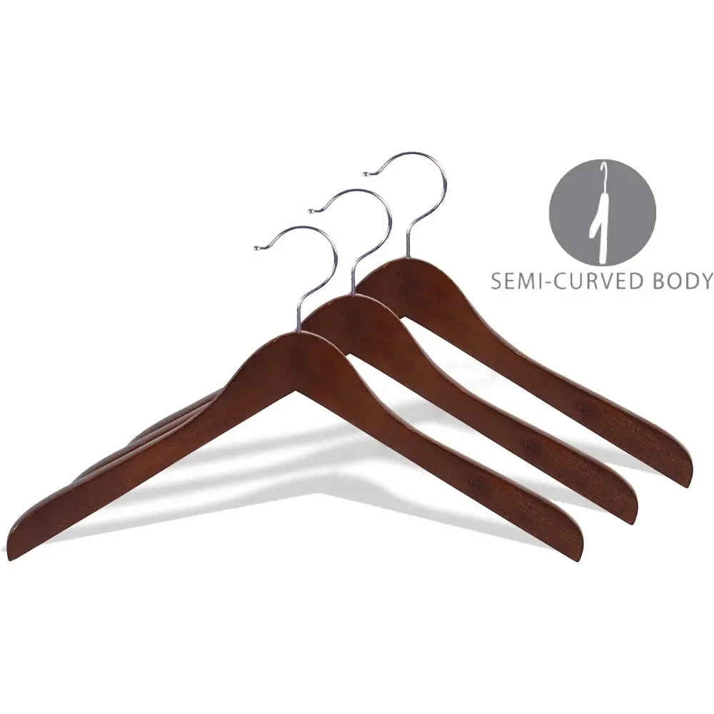 

(Box of 12) Curved 1 Inch Thick Coat Hangers W/ Chrome Swivel Hook for Jackets Concave Wooden Top Hanger With Walnut Finish Rack