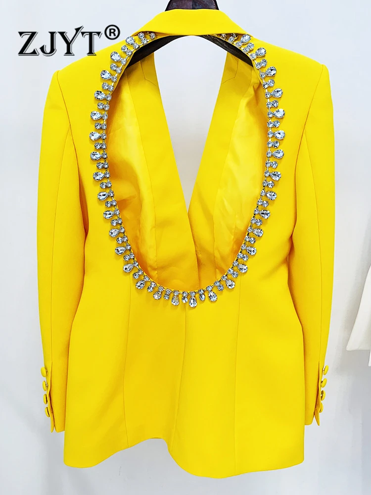 

ZJYT Luxury Diamonds Backless Blazers for Women Elegant Runway Long Sleeve Yellow Jacket Coat Sexy Party Outerwear Tops XXL