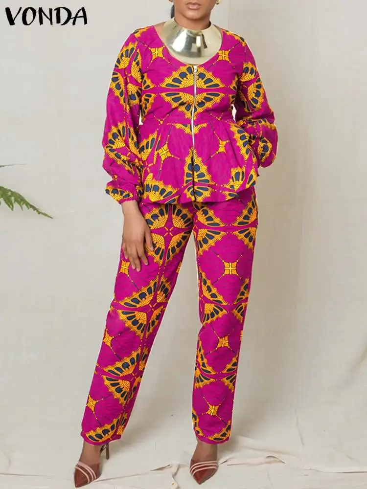 

Bohemian 2PCS VONDA 2024 Fashion Printed Suits Women Pants Sets Vintage Long Sleeve Zipper Top And Pants Casual Oversized Sets