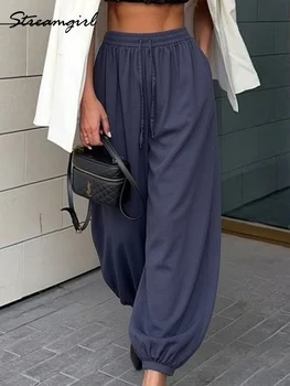 Summer Wide Leg Women Aladdin Pants And Trousers Trend 2026 Cotton Oversized Blue Baggy Elastic Pants For Woman Ankle Trousers 1