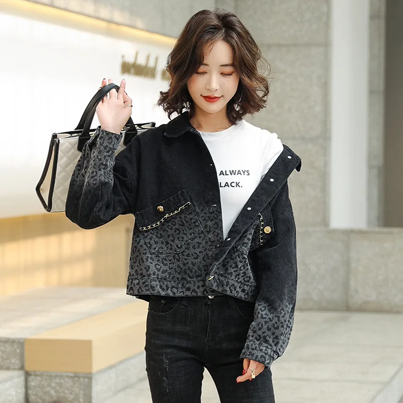 

Jackets for Women 2024 Spring Autumn New Black/Blue Leopard Short Denim Jacket Top Women's Fashion Casual Korean Loose Coat XXXL