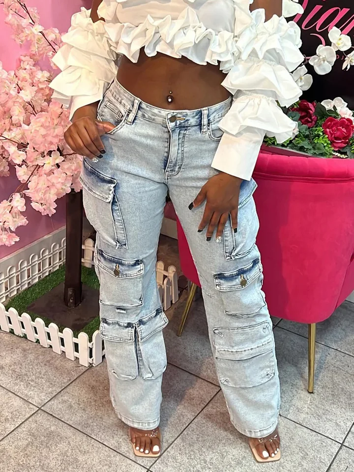 Ladies Classic Straight Leg Cargo Jeans Denim Trousers