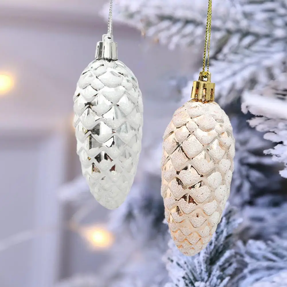 Plastic Painted Pine Cone Ball Xmas Pendants Lanyard Christmas Decoration Props Hanging Ornaments 10Pcs