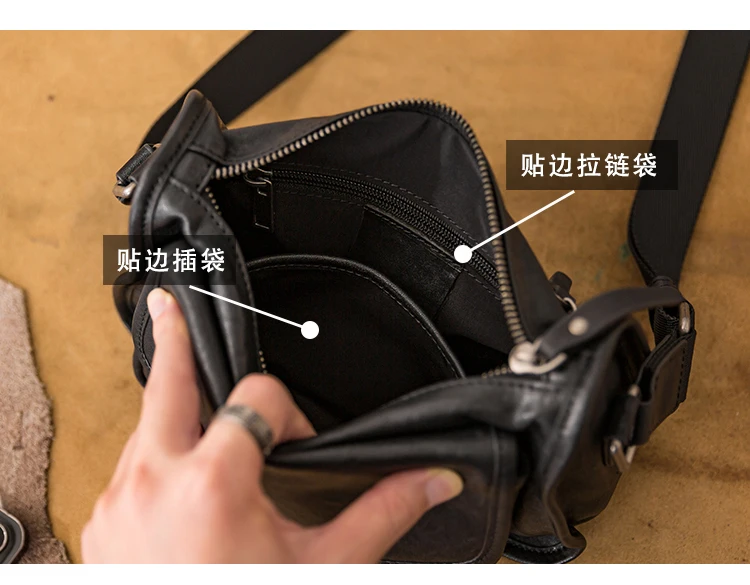 PNDME Casual Designer Luxus erste Schicht Rindsleder Herren schwarze Umhängetasche Outdoor-Reisen handgemachte echtes Leder Umhängetasche – Detail 3