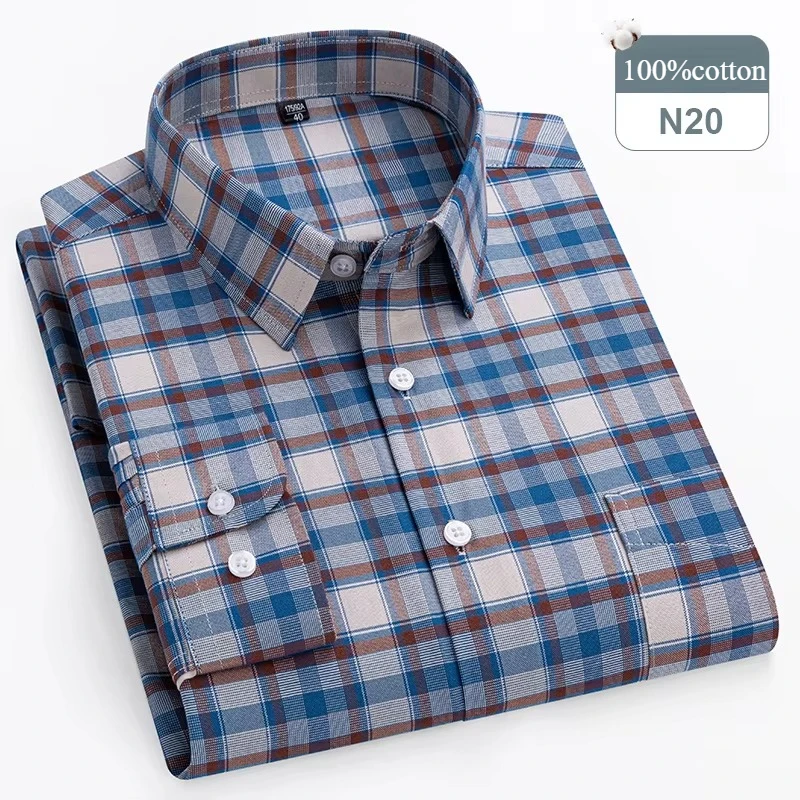 Men's Plus Size Long-Sleeve 100% Cotton Slim Fit Formal Shirt - Soft Plaid and Striped Design