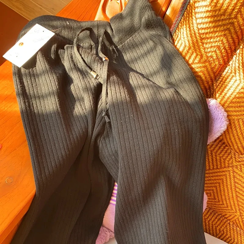 Autumn Winter Drawstring Thick Warm Knitting Trousers Solid Color Loose Elastic Women Baggy Pants Vintage High Waist Harem Pants