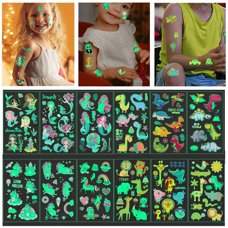 5Pcs Luminous Tattoo Stickers Glow In The Dark Unicorn Mermaid Temporary Fake Tattoos For  Body Face Arm Stickers Kids Toy Gifts