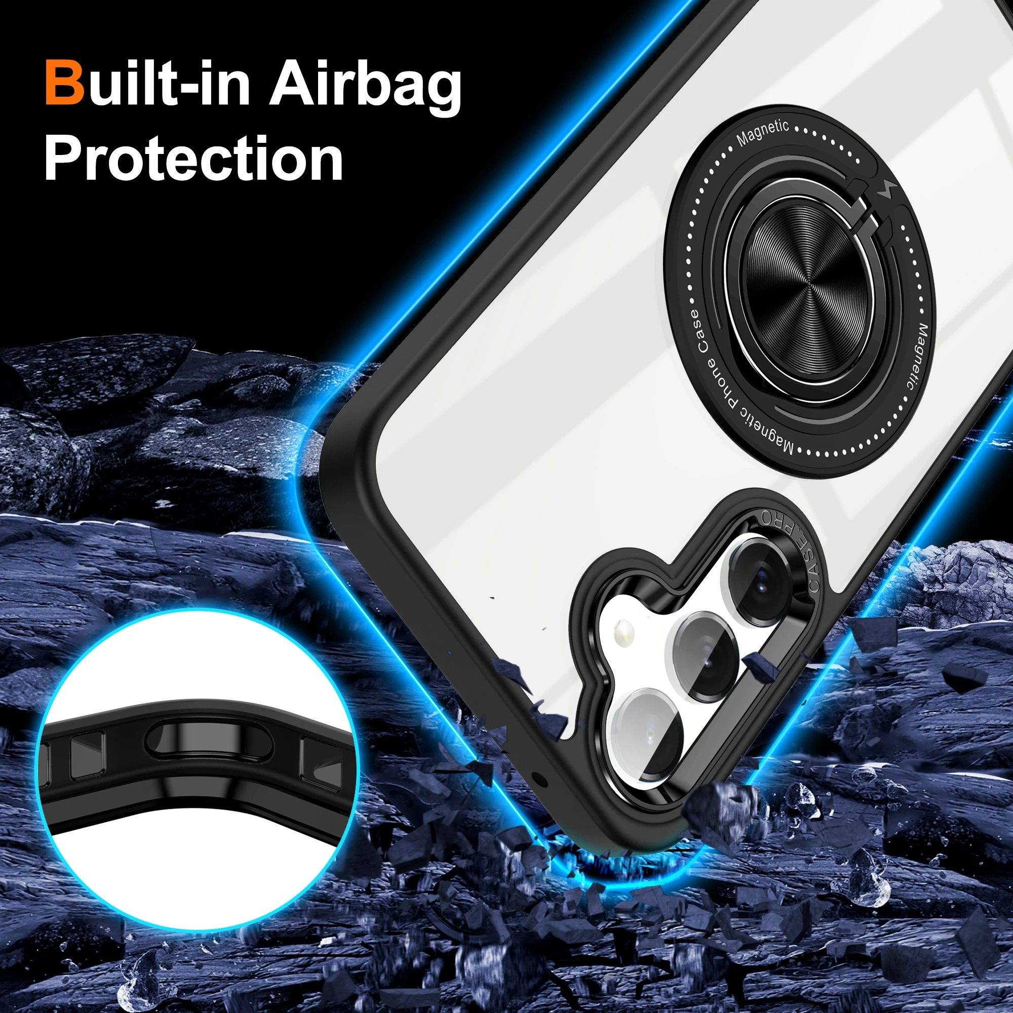 Clear Metal Ring Holder MagSafe Charging Phone Case with Shockproof Hard Cover and Metal Camera Frame