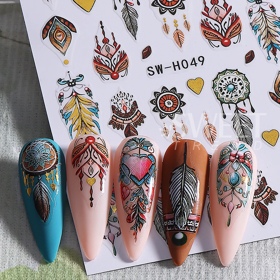 3pcs Bohemian Nail Stickers Bronzing Love Heart Petals Dreamcatcher Design Adhesive Nail Decals DIY Manicure Decoration Slider