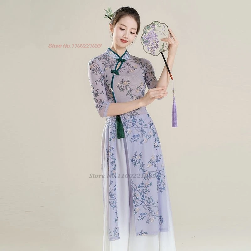 

2024 chinese vintage dance dress national flower print mesh qipao dress+pants set oriental folk dress stage performance costume