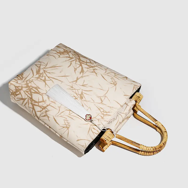 Retro Bamboo Pattern Beige Handbag Women Bamboo Handle Cheongsam Dress Large Capacity Banquet Bag Ladies Elegant Premium Purse