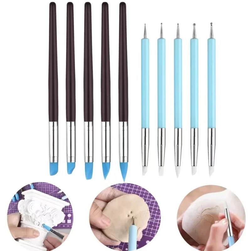 Silicone Clay Sculpting Tool 5PCS for Brush Modeling Dotting Nail Art Pottery Clay Tool DIY Carving Sculpting Tools Soft Head