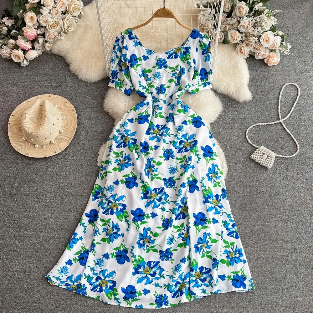 ★YOUHEE★FLOWER PATTERN PUFF DRESS yoeyez Boho Dress for Women Casual Puff 3/4 Sleeve Vintage