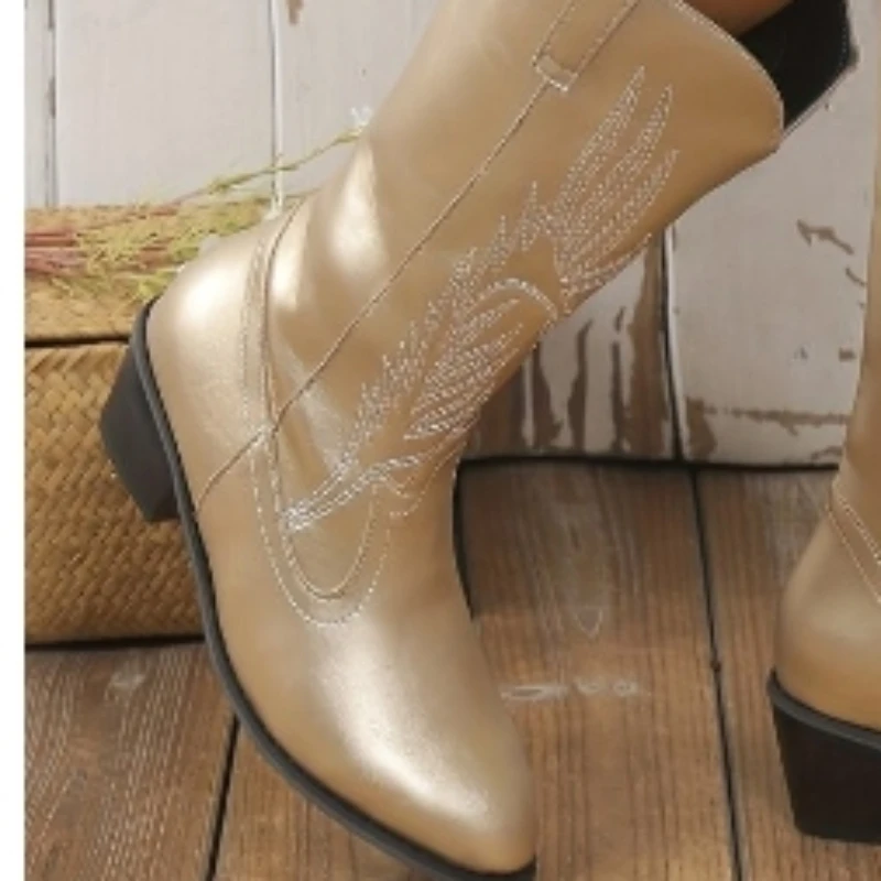 Ladies Shoes on Sale 2023 High Quality Slip on Women's Boots Autumn Pointed Toe Solid Mid-Calf Chunky Heels Zapatillas De Mujer