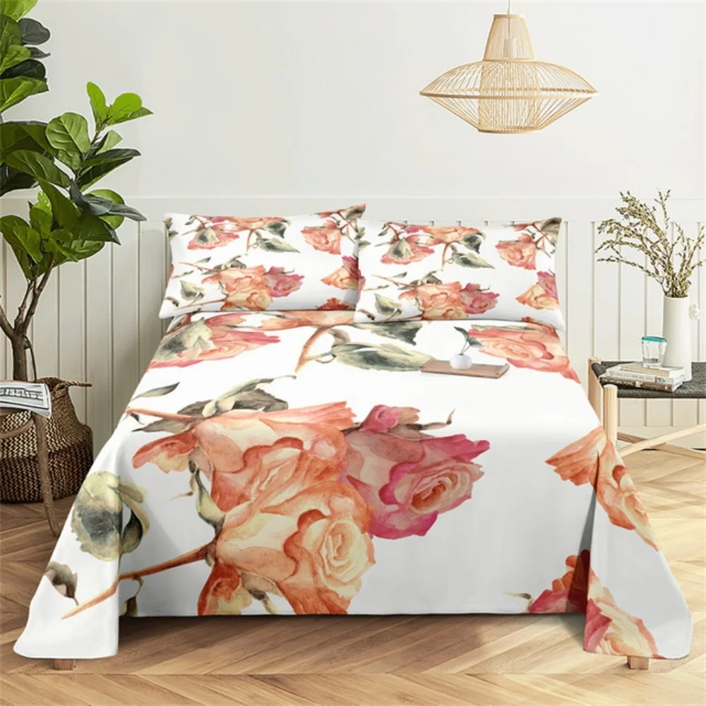 Rosa Rose Bettlaken-Sets, 3D-Druck, Blumen, flach, weicher Bezug für Damen, Kinder, Mädchen, König, Königin, volle Zwillingsgröße, Leinen-Raumdekoration – Detail 9