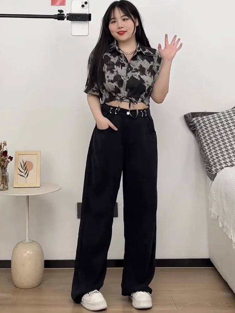하이웨이스트 와이드 레그 진 여성용 루즈핏 플로어 길이 슬림 팬츠 가을 플러스 사이즈 디자인 캐주얼 진