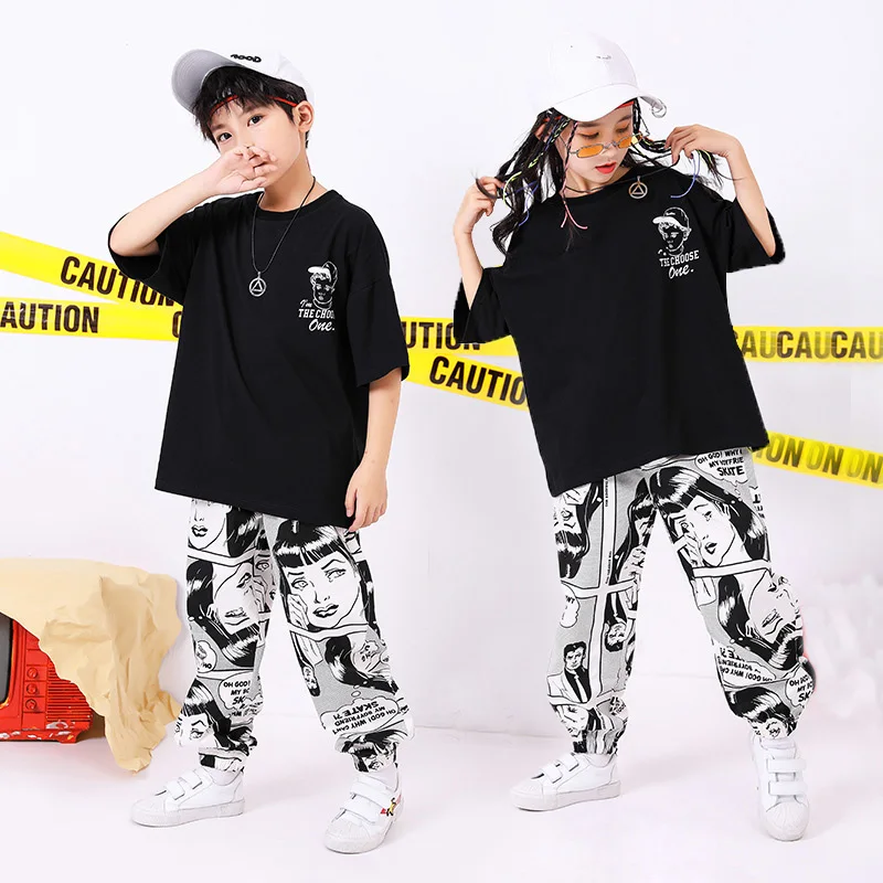 

Детская одежда в стиле хип-хоп, черная футболка большого размера, топ с принтом, повседневные штаны для бега для девочек и мальчиков, танцевальный костюм, одежда для бальной комнаты
