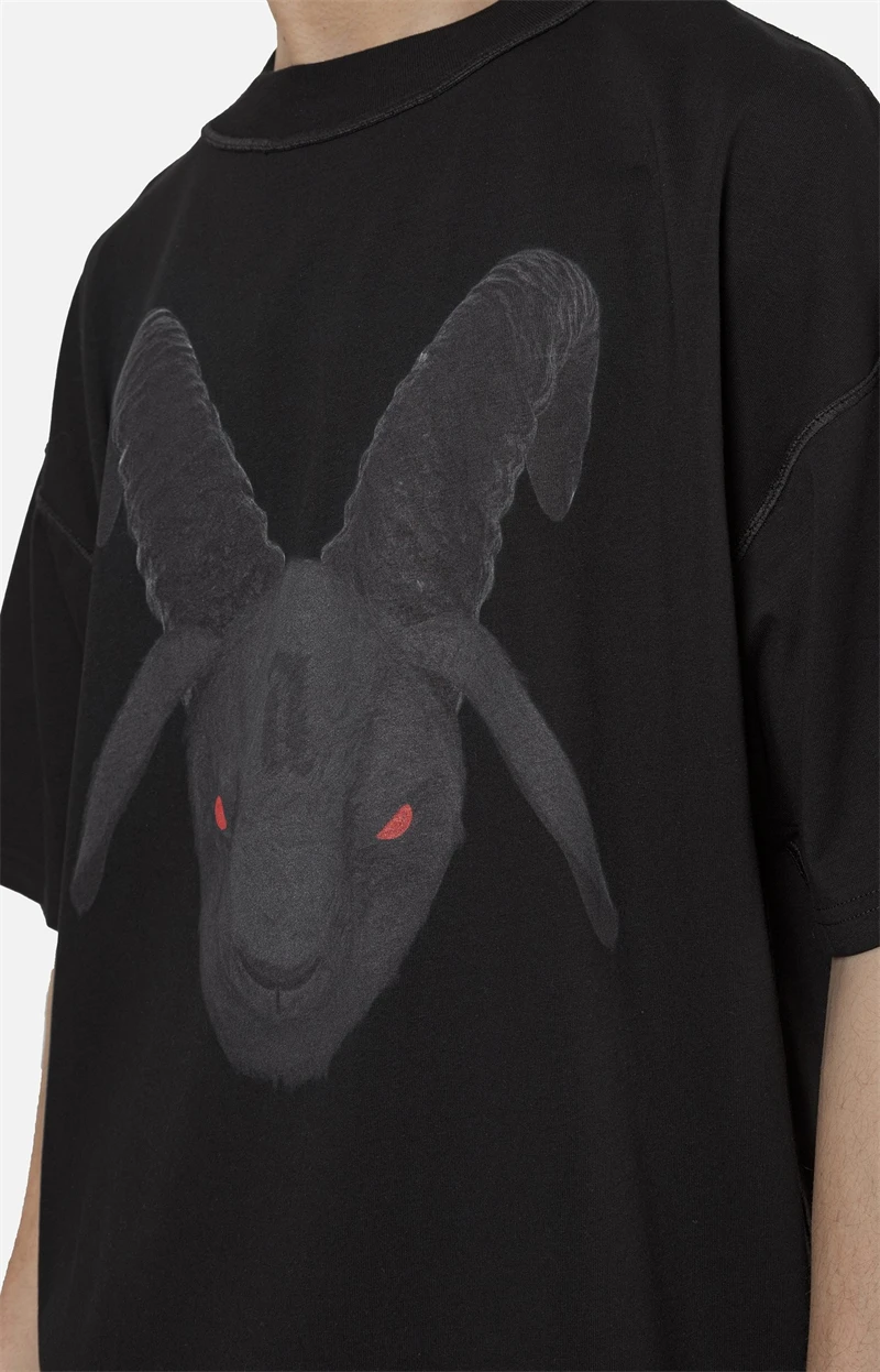 

New Fasion Arnodefrance Red Eyed Capricorn Goat Head Print Adf T Shirt Tees Vintage Loose Washed Streetwear T-shirts