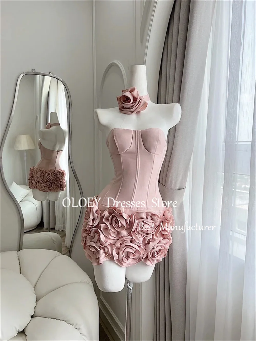 OLOEY Flowers Mini Prom Cocktail Dress with Scarf Sweetheart Short Wedding Party Dress Sleeveless Pleats Satin