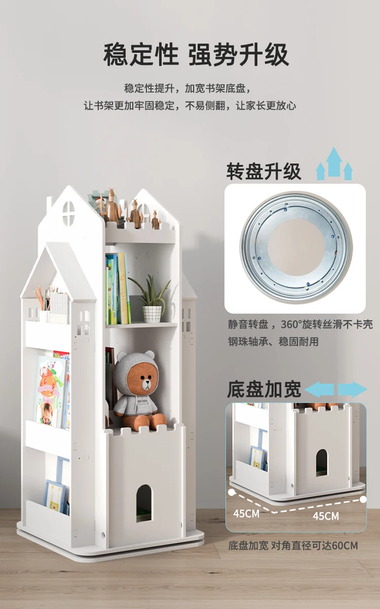 Children\'s Rotating Bookshelf 360 Degrees Floor-to-ceiling Small Castle Bookcase Simple Baby Picture Book Toy Storage Rack