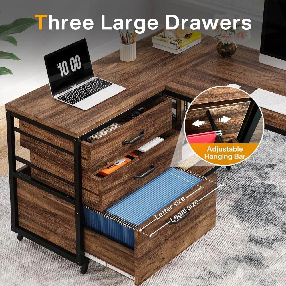 L-Shaped Computer Desk with 3 Drawers, Reversible Corner Home Office Desk with Shelves 4