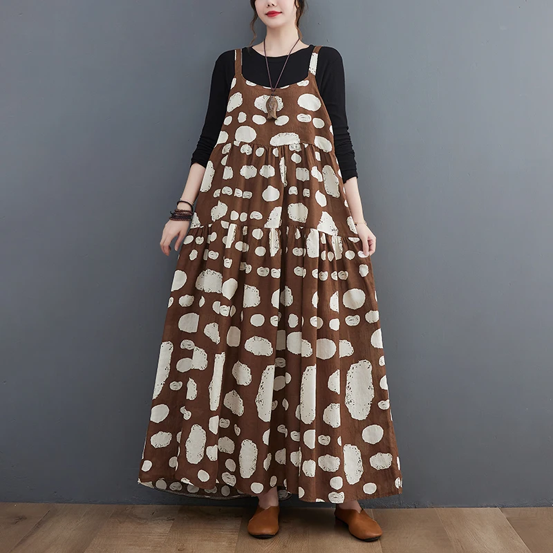 

Korea Style Sleeveless Loose Spaghetti Strap Dress Print Soft Cotton Linen Patchwork Women Outwear Casual Autumn Summer Dress